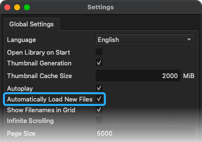 Settings -> Automatically Load New Files